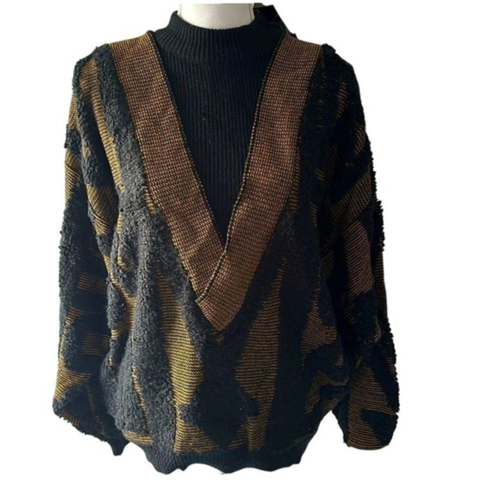 NWT‎ Vintage Women's Y2K Mock Neck Black Aztec Sweater Sz Large Old Money Casual